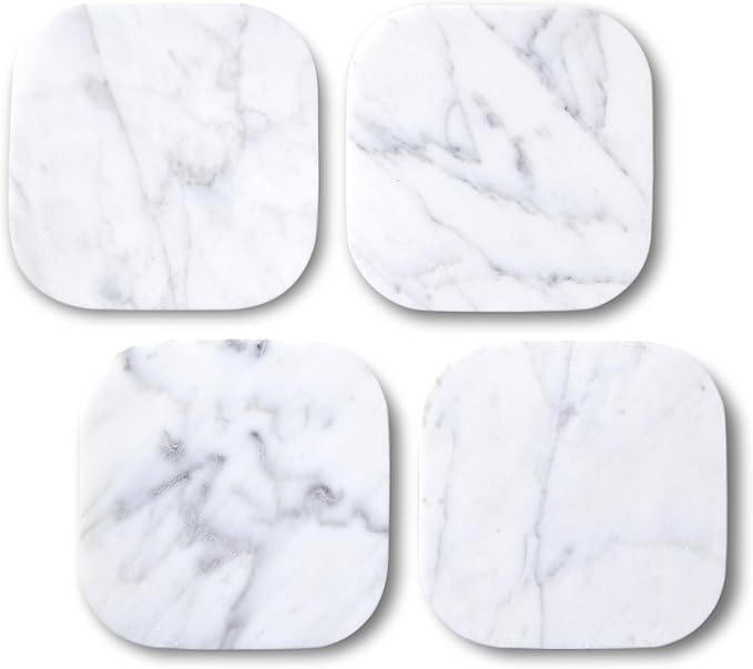 𝐋𝐮𝐱𝐮𝐫𝐲 𝐈𝐭𝐚𝐥𝐢𝐚𝐧 100% Marble Tile Coasters – Set of 4 – Square Modern Bar Coasters for Drinks, Coffee –Stone Holder for Home Décor, Housewarming Gifts (Carrara White)-Ruum Studio Home