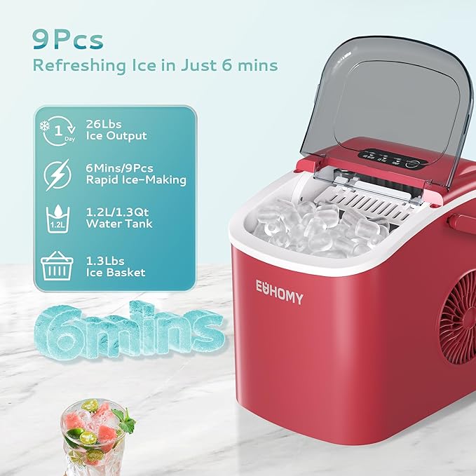 EUHOMY Countertop Ice Maker Machine with Handle, 26lbs Per Day, 9 Ice Cubes Ready in 6 Mins, Auto-Cleaning Portable Ice Maker with Basket and Scoop, for Home/Kitchen/Camping/RV (Red)-Ruum Studio Home