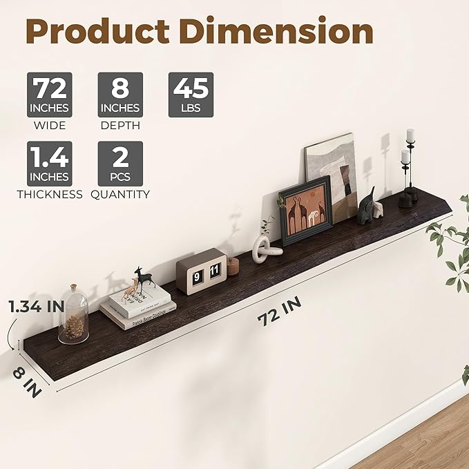 Axeman 72 inch Extra Long Floating Shelves for Wall - 8'' D Live Edge Rustic Solid Elm Wood Floating Shelves Wall Mounted, Wall Shelves with Invisible Bracket for Living Room Bedroom Kitchen, Walnut-Ruum Studio Home