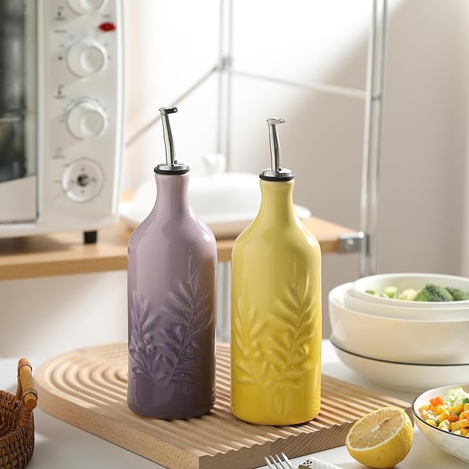 Sweejar Ceramic Olive Oil Dispenser Bottle, 20 Oz Relief Opaque Oil Cruet Protects To Reduce Oxidation, Suitable for Storage Soy Sauce, Coffee Syrup, Liquids, Set of 1 (Gradient Yellow)-Ruum Studio Home