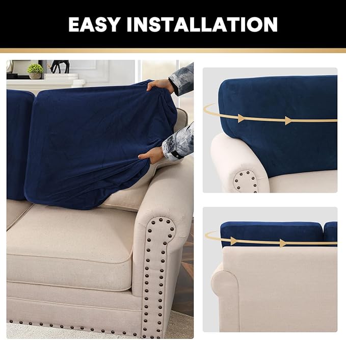 PrinceDeco Sectional Couch Covers Velvet Cushion Covers for Sectional Couch Cushion Covers for Sectional Sofa Separate Sectional Sofa Slipcovers Washable(1 Chaise Back+ 2 Sofa Back,Navy)-Ruum Studio Home