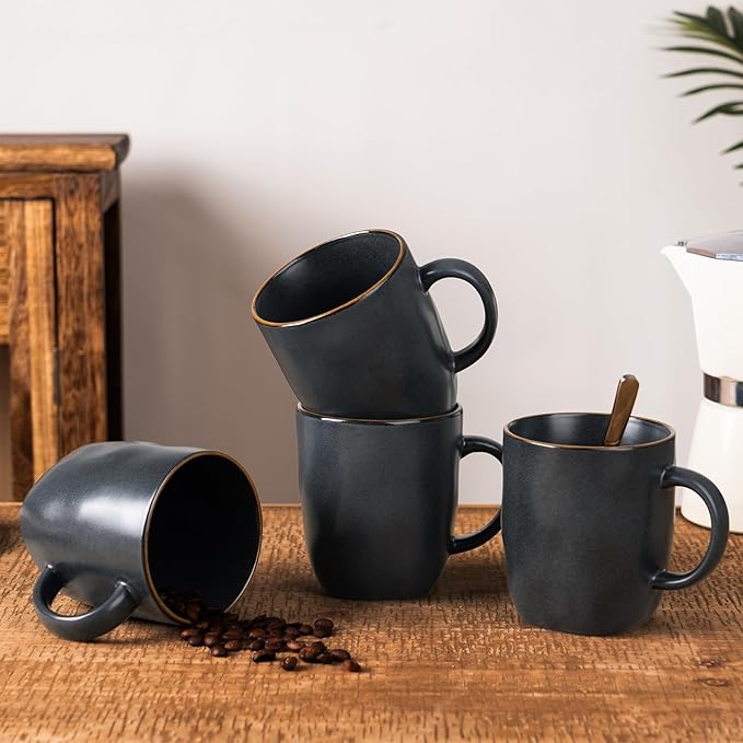 famiware Coffee Mugs Set of 4, Ocean Square 13oz Coffee Cup Set with Handle for Cocoa, Milk, Hot Chocolate, Tea, Water, Stoneware Cups for Kitchen, Microwave and Dishwasher Safe, Matte Black-Ruum Studio Home