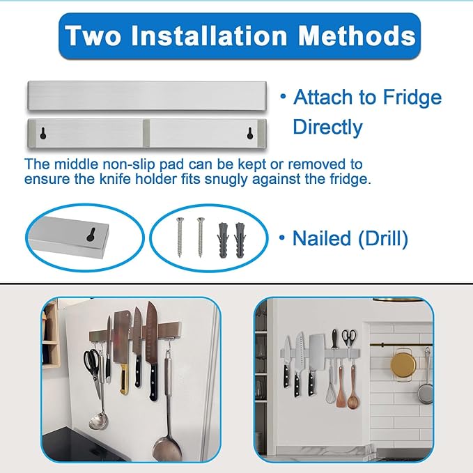 16 Inch Magnetic Knife Holder for Refrigerator - Knife Magnetic Strip for Fridge with Magnetic Hooks - Double Sided Magnetic Knife Bar - Stainless Steel Kitchen Magnetic Knife Hanger Rack-Ruum Studio Home