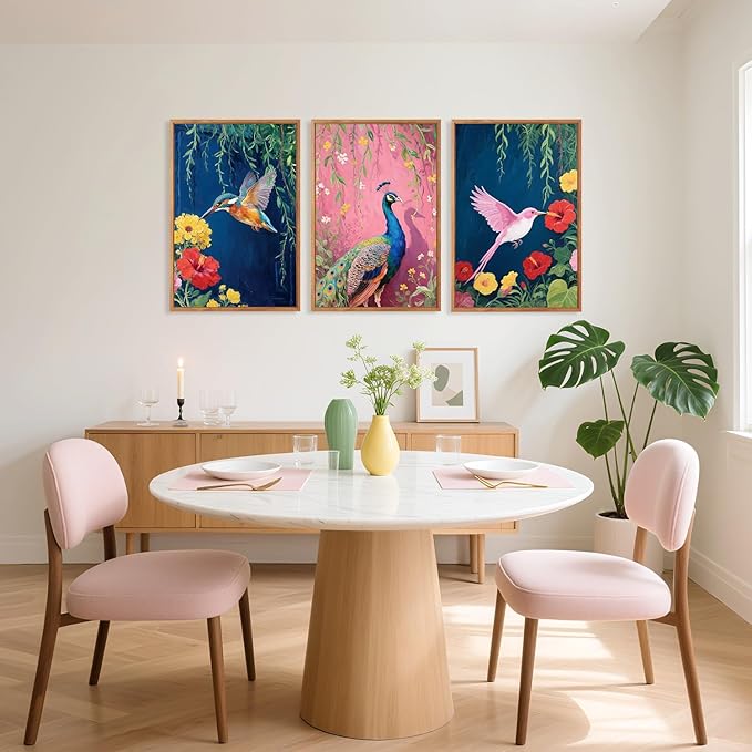Aurlan Colorful Birds Flowers Framed Wall Art(16"x24"), 3PCS Large Classic Elegance Hummingbird Peacock Canvas Artwork, Vintage Abstract Watercolor Peony Floral Willow Decor for Home Office Bedroom-Ruum Studio Home