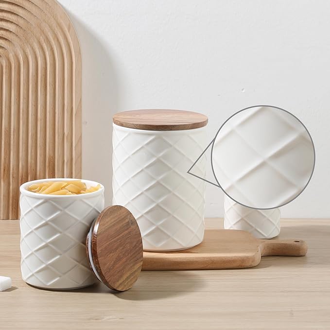 Sweejar Ceramic Canisters Sets for Kitchen Countertop, Relief Food Storage Jar with Bamboo Lid, Stackable Container for Flour, Coffee, Pasta, Cereal, Tea, Sugar, Spices, Pack of 4 (Walnut White)-Ruum Studio Home