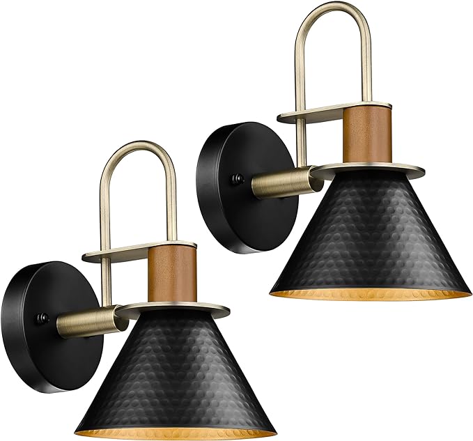 Modern Wall Sconces Set of Two, HWH Industrial Sconce Wall Lighting 1-Light, Gooseneck Barn Wall Vanity Light for Bedroom Kitchen, Hammered Metal Shade, Black and Gold Finish, 5HZG74B-2L BK+BG-Ruum Studio Home