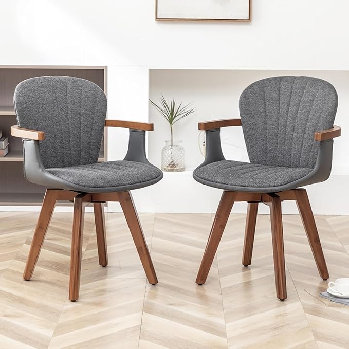 LUNLING Swivel Dining Chairs Set of 2, Mid Century Modern Gray Fabric+Faux Leather Kitchen Chairs with Arms,Bamboo Legs Side Chairs No Wheels,Accent Chair for Dining Rooms and Offices(Gray Fabric)-Ruum Studio Home