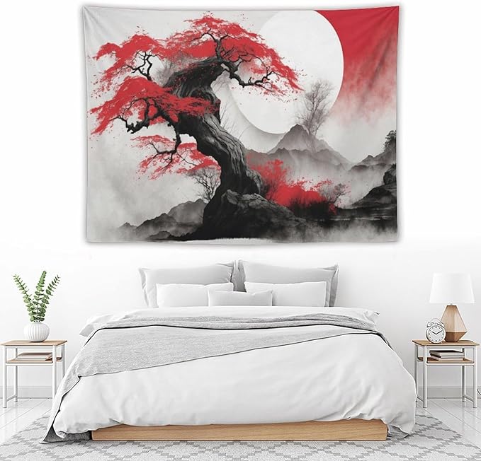 Cherry Blossoms Tapestry,Japanese Red Landscape Asian Watercolor Abstract Art Tapestry,Japanese Wall Tapestry, Nature Landscape Tapestries for Bedroom Living Room Decor 80"x60"-Ruum Studio Home