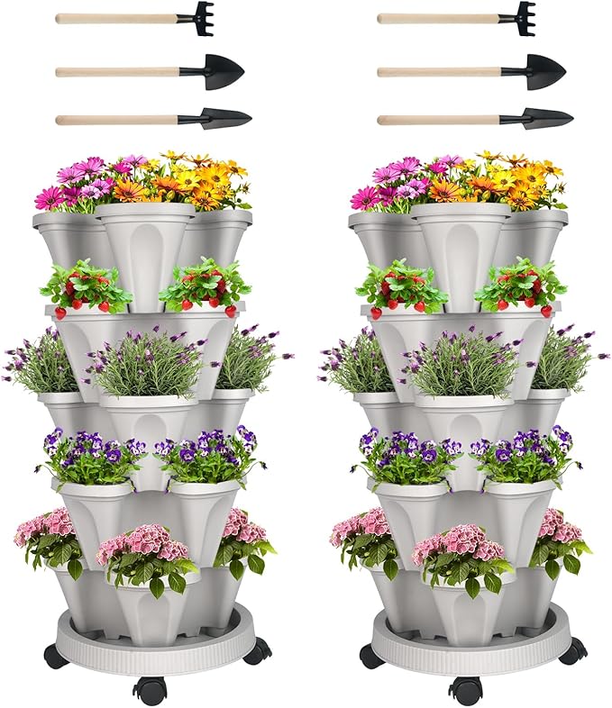 Vertical Planter 5 Tier Stackable Planters Garden Planters Strawberry Herb Flower and Vegetable Planter Indoor Outdoor Gardening Pots with Removable Wheels and Tools 2-Pack-Ruum Studio Home