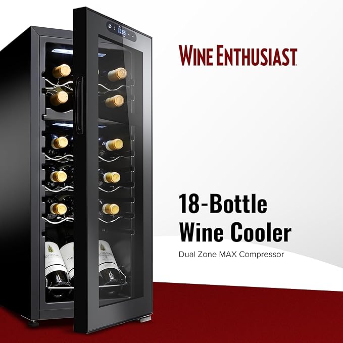 Wine Enthusiast 18-Bottle Dual Zone MAX Compressor Wine Cooler – Freestanding Beverage Refrigerator, Mini Fridge with Digital Touchscreen, Split Storage, Energy-Efficient Cooling, and LED Display-Ruum Studio Home