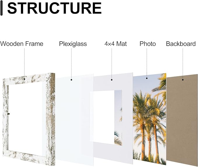 Vittanly 8x8 Picture Frames Set of 9, Shatter Resistant Plexiglass, Display 4x4 Pictures with Mat or 8x8 without Mat, Photo Frames for Wall Mount, Engineered Wood, Distressed White-Ruum Studio Home