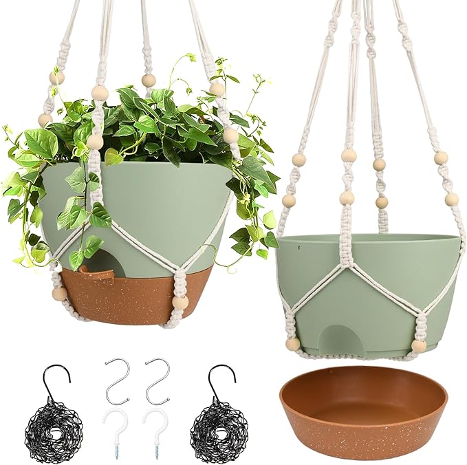 Hanging Planters for Indoor Outdoor Plants, 2 Pack Self Watering Hanging Pot with Drainage Holes, Removable Tray & 2 Kinds of Plant Hangers, 10'' Hanging Flower Pots for Home Garden Decor, Green-Ruum Studio Home