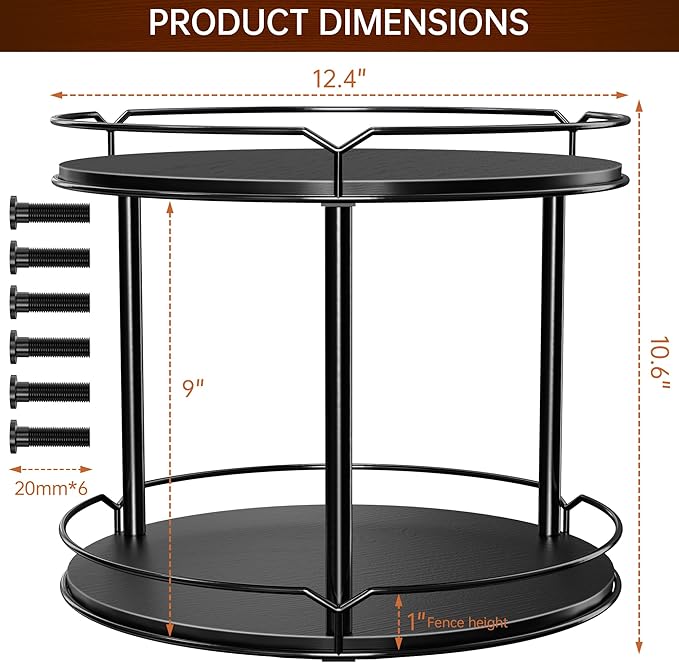 Lazy Susan Organizer 2 Tier - 12.4" Turntable Spice Rack for Table Top, Wooden Rotating Lazy Susan for Cabinet Pantry Kitchen Countertop Dining Table Cupboard Bathroom Vanity Storage(Black)-Ruum Studio Home
