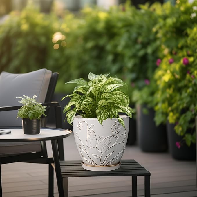 8 Inch Ceramic Pots for Plants Large Planter Pot with Drainage Hole and Saucer Round Flower Pot for Indoor Outdoor Decor, White-Ruum Studio Home