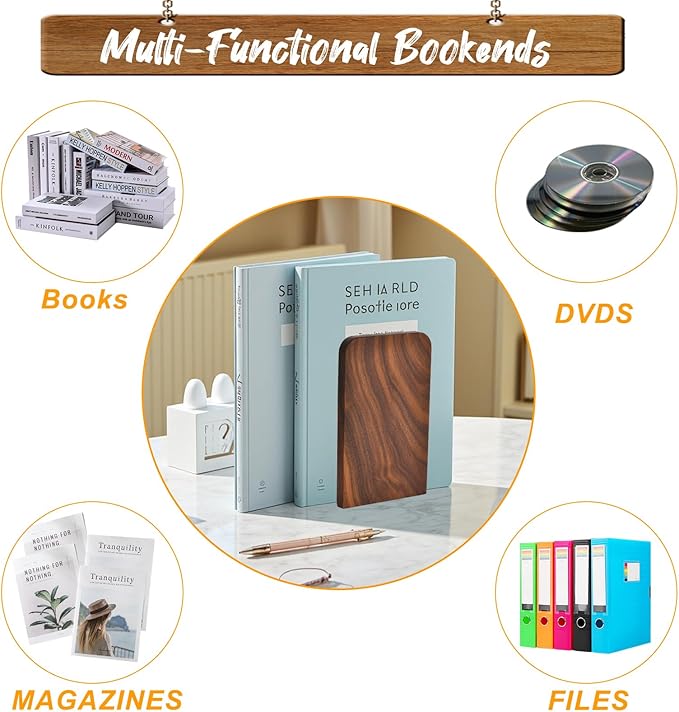 Book Ends, Black Walnut Wooden Bookends for Shelves - Heavy Duty Non-Slip Book Organizers, Upgraded Decorative Bookend Holders for Home, Kitchen, Office, Set of 2, Medium-Ruum Studio Home