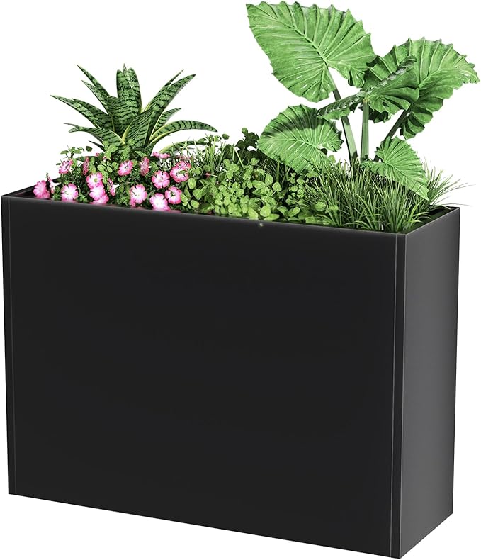 Tall Metal Cube Planter for Outdoor Plants 30" L x 12" W x 24" H, Heavy Duty Steel Large Planter Box with Removable Insert Shelf, Modern Décor for Tall Plants, Trees, Flowers (Black)-Ruum Studio Home