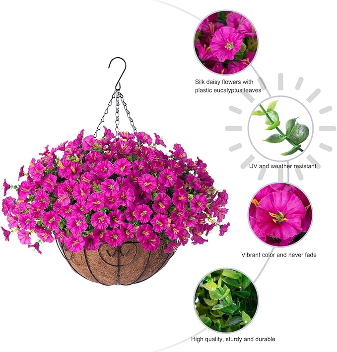 Ivydale Artificial Silk Hanging Plants Flowers Basket for Outdoor Outside Summer Decoration, Fake Faux UV Sun Resistant Look Real Morning Glory Fuchsia for Porch Patio Balcony Home-Ruum Studio Home