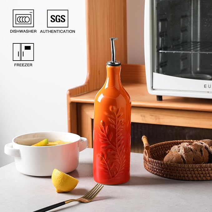 Sweejar Large Olive Oil Dispenser Bottle with Spout, 24 Oz Ceramic Oil Dispenser for Kitchen, Relief Opaque Cruet, Container for Cooking, EVOO, Vinegar, Pack of 1 (GradientOrange)-Ruum Studio Home