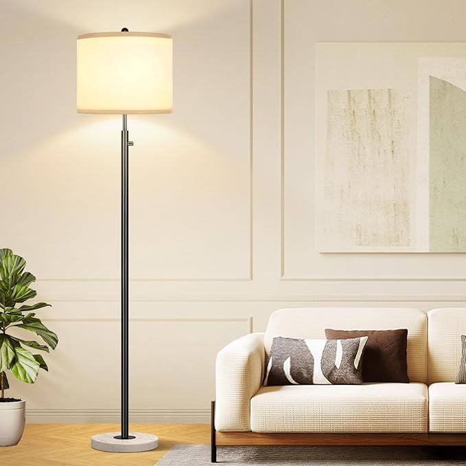 Nintiue Dimmable Floor Lamp for Living Room, 11W LED Bulb Included, Modern Standing Lamp with Marble Base, Tall Pole Light with White Linen Shade for Bedroom Reading Office Corner Nursery-Black-Ruum Studio Home