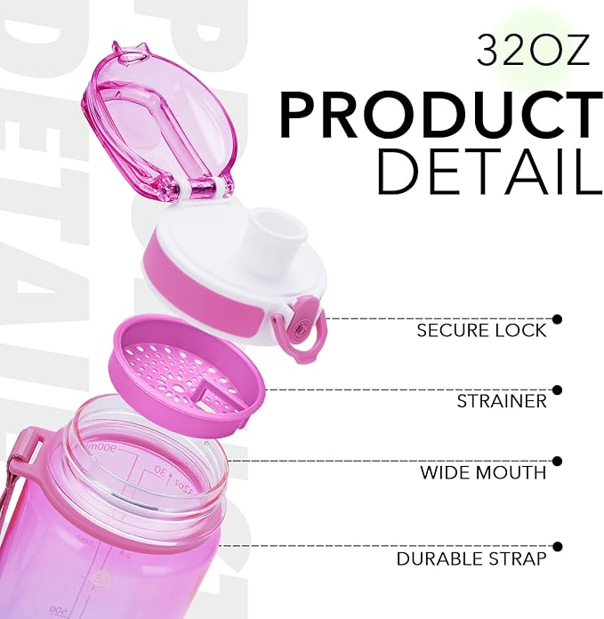 32oz Motivational Water Bottles with Time Marker & Fruit Strainer, Transparent Gradient Color Water Bottle with Times to Drink, Leakproof & BPA Free, Reusable Bottle with Strap (No Straw)-Ruum Studio Home