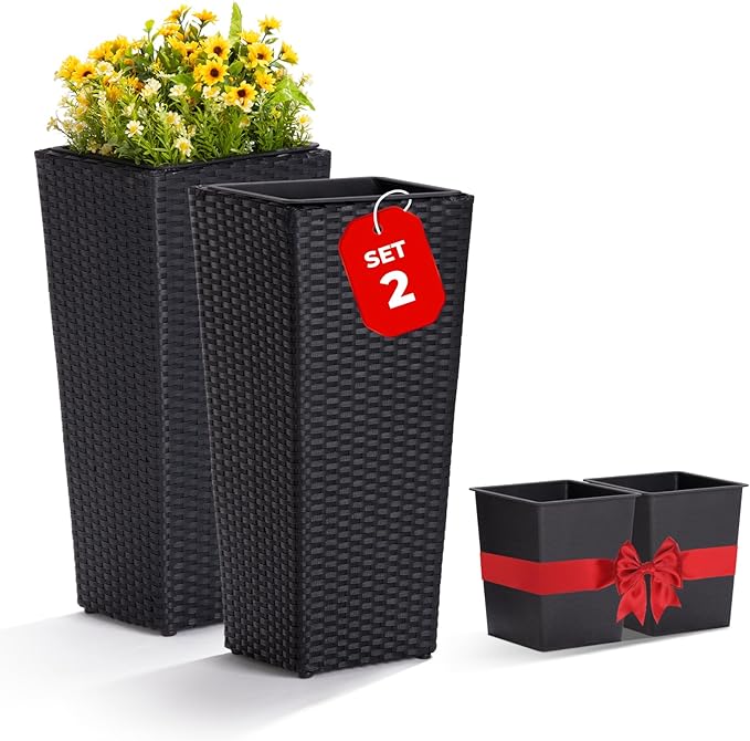 IDZO Wicker All-Weather Planter Set with Liners Tall Plant Decor Box for Outdoors Patio Herb Garden Furnishings - Rectangular Mocha-Ruum Studio Home