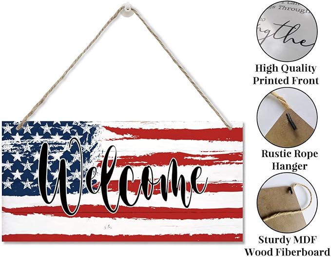 Welcome Decor Sign, Hanging Wood Sign Home Decorative, Printed Wood Wall Art Sign, American Flag Welcome Sign, Patriotic Home Decor, Front Door Decor Sign, Farmhouse Porch Wall Art Sign 12 * 6inch-Ruum Studio Home