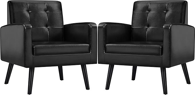 Yaheetech Mid-Century Accent Chairs, PU Leather Modern Upholstered Living Room Chair, Cozy Armchair Button Tufted Back and Wood Legs for Bedroom/Office/Cafe Black 2PCS-Ruum Studio Home