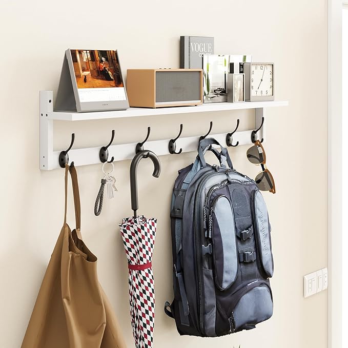 BAMEOS 35" L Wall Hooks with Shelf, Entryway Coat Hooks for Wall with Shelf, Wood Wall Hanging Shelf, Wall-Mounted Coat Rack with 7 Dual Metal Hooks for Bathroom, Kitchen, Living Room, Bedroom (White)-Ruum Studio Home