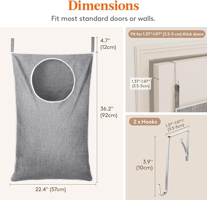 Lifewit 2 Pack Over Door Laundry Hamper, Large Collapsible Hanging Laundry Hamper, Hanging Laundry Basket Bag for Bathroom Bedroom Dirty Clothes Storage Organizer, Light Gray-Ruum Studio Home