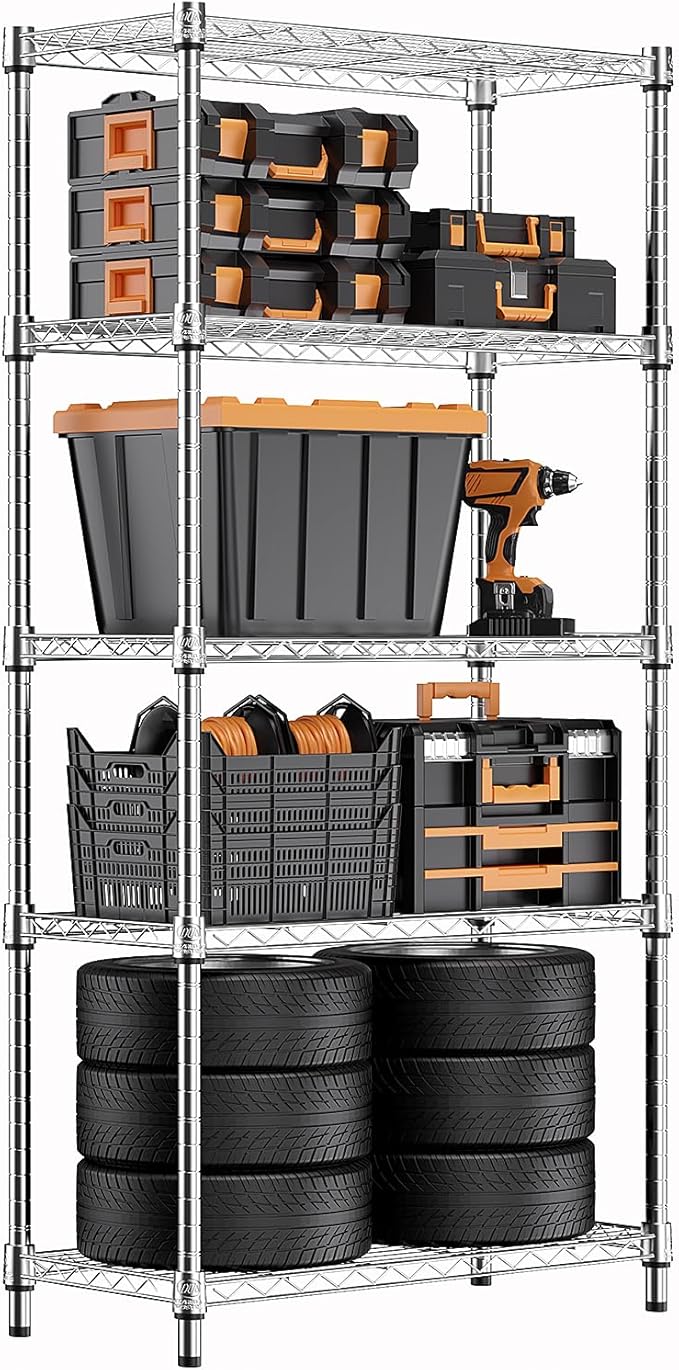 1250 lbs Steel Heavy Duty 5-Tier Utility Shelving Unit Steel Organizer Wire Rack for Home,Kitchen,Office,Chrome (13.7" D x 23.6" W x 62.4" H)-Ruum Studio Home