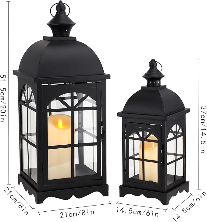 TRIROCKS Set of 2 Decorative Vintage Candle Lanterns 14.5"&20" H Farmhouse Outdoor Hanging Lanterns with Tempered Glass for Porch, Balcony, Patio, Home, Centerpieces, Indoor, Outdoor(Black)-Ruum Studio Home