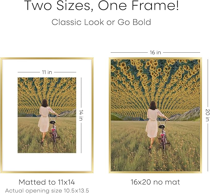 Homeforia 16 x 20 Picture Frame Gold, High End Metal 16x20 Poster Frames with Mat 11x14 Photo, 16 x 20 Gold Frame Matted to 11 by 14 Print, 20x16 Thin Hanging Frame, Tempered Glass, Wall Kit, Set of 1-Ruum Studio Home