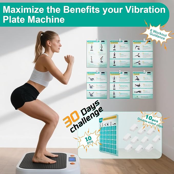 Vibration Plate Exercise Machine Poster - Upgraded 6 Workout Guidance & 10 Pcs Planner & 10 Pcs Double-Sided Clips, Comprehensive Whole Body Wave Vibrating Workout Chart, Pink-Ruum Studio Home
