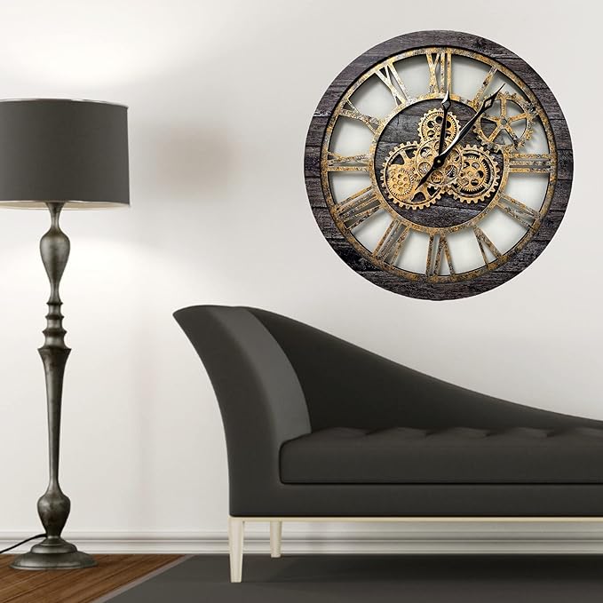 The Gears Clock The Original Real Moving Gear Wall Clock Vintage Industrial Oversized Rustic Farmhouse (24 inch (60cm), Vintage Carbon Grey and Bronze)-Ruum Studio Home