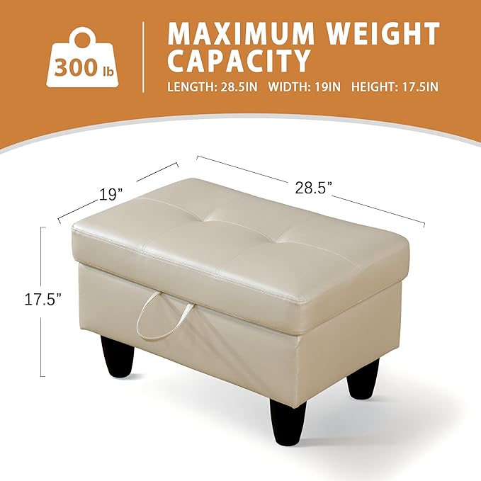Ottoman Rectangular Storage Ottoman Bench, Faux Leather Footrest, Coffee Table, Stool Footstool with Hinged Lid for Living Room, Bedroom, Entryway, White, 28.5"x19"x17.5"-Ruum Studio Home