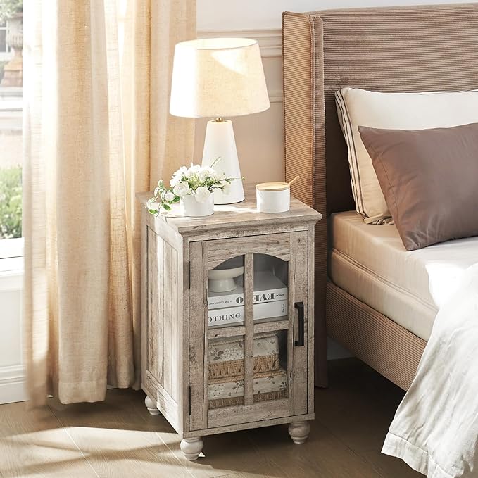 Narrow Side Table,Farmhouse Nightstand with Charging Station,Wood End Table with Glass Barn Door Storage, Cabinet Organizer with Adjustable Shelf, Night Stand for Small Spaces for Living Room Bedroom-Ruum Studio Home