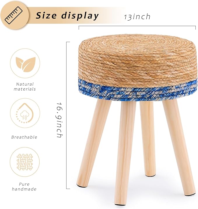 Handwoven Outdoor Ottoman, Water Hyacinth Pouf Round Patio Footstool with Wood Legs, 17-Inch Multipurpose Vanity Stool, Dining Chair, Patio Footrest for Balcony and Garden, Blue-Ruum Studio Home
