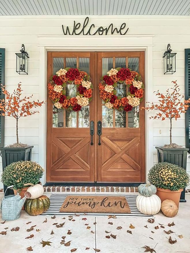 Fall Wreaths for Front Door, 24 inch Autumn Wreath with Hydrangeas Berries Large Fall Door Wreath Artificial Hydrangea Flowers Wreaths Autumn Decorations for Farmhouse Thanksgiving Harvest Door Wall-Ruum Studio Home