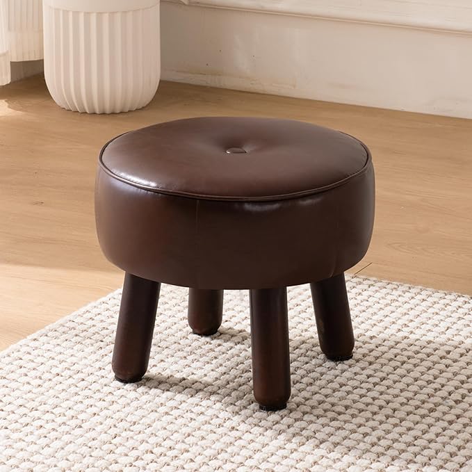 Small Foot Stool Ottoman, Round Pouf Foot Rest, Footstool Ottomans with Rubber Legs Under Desk, Faux Leather Footrest for Couch, Living Room, Bedroom, Office, 13''L x 13''W x 10.2''H, Coffee-Ruum Studio Home