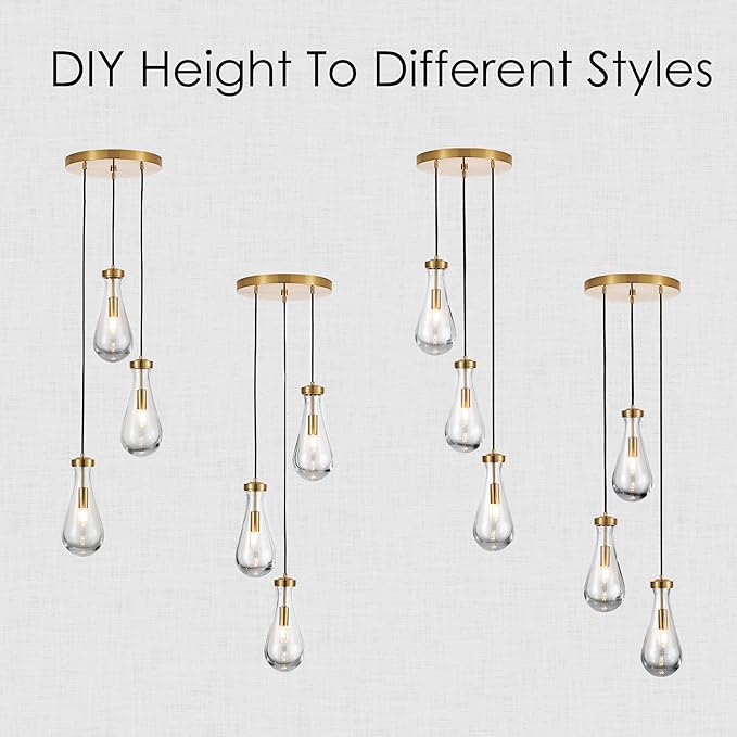 3-Light Raindrop Pendant Light Fixtures, Brass Glass Pendant Lighting, Teardrops Modern Hanging Light for Entryway Foyer Kitchen Island Dining Living Room Hallway-Ruum Studio Home