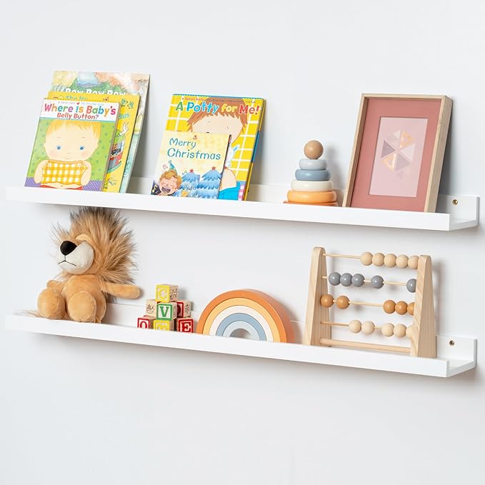 Picture Ledge Shelf for Wall, 36 inch Solid Pine Wood Nursery Book Shelves 2 Packs, Floating Ledge Shelves for Kids' Room Bedroom Bathroom Living Room Photo Frames Office Nursey Wall Decor, White-Ruum Studio Home