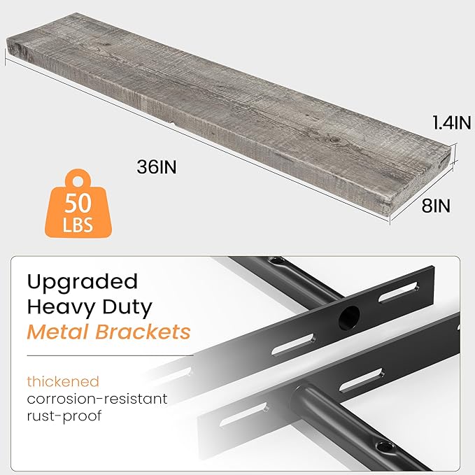 Fun Memories Floating Shelves for Wall Decor, 36"x8" Rustic Reclaimed Wood Shelves, Heavy-Duty Wall Mounted Shelves with Invisible Brackets, Set of 2for Living Room, Bedroom, Kitchen, Grey Finish-Ruum Studio Home