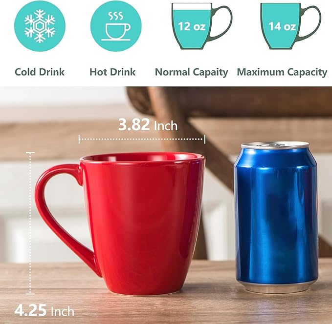 vicrays Coffee Mug Set, 12 Ounce, Ceramic Mug for Men, Women, Unique Glazed Mugs with Handle for Coffee, Tea, Milk, Cocoa, Cereal - Set of 6 Red-Ruum Studio Home