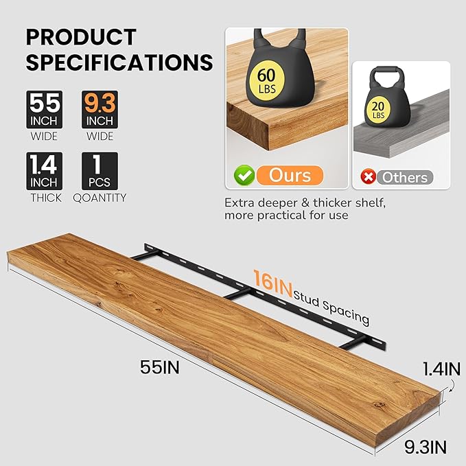 Fun Memories Floating Shelves for Wall, 55"x9.3" Rustic Solid Elm Wood Shelves, Heavy-Duty Wall Mounted Shelves with Invisible Brackets for Living Room, Bedroom, Kitchen, Natural Finish-Ruum Studio Home