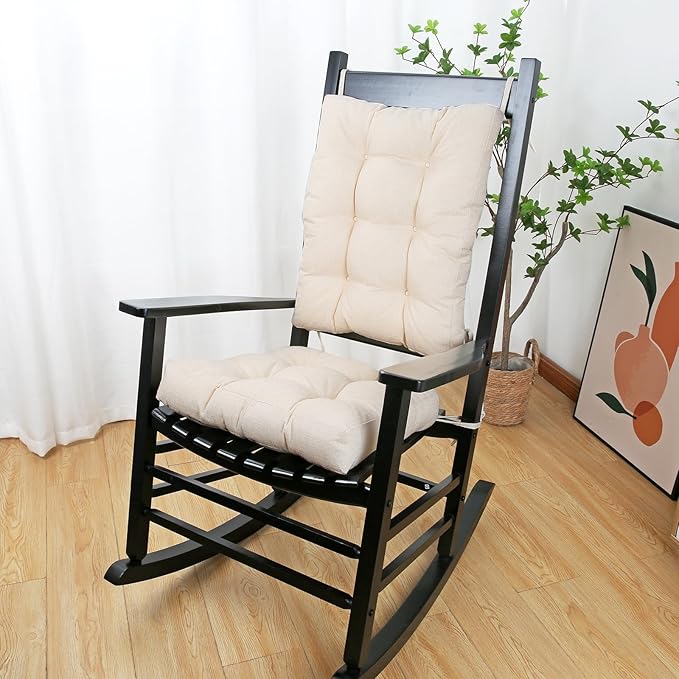 BUYUE Chair Cushion Set for Rocking Chair, Back Pillow & Seat Cushion with Ties, Original Woven Fabric Non-Slip Chair Pads for Elderly Sitting, Beige-Ruum Studio Home