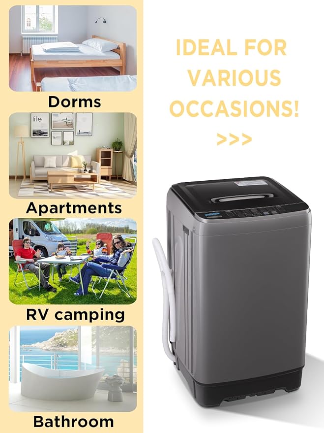 17.7 lbs Full-Automatic Washing Machine with LED Display, Portable Compact Laundry Washer with Drain Pump, 10 Wash Programs 8 Water Levels, Grey-Ruum Studio Home