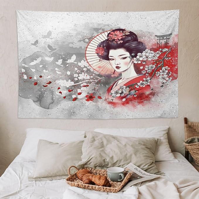 Japanese Geisha Tapestry Asian Red Cherry Blossom Traditional Kimono Folk Tapestries Home Decor for Living Room Bedroom Apartment Farmhouse Dorm 90"x60"-Ruum Studio Home