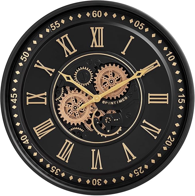 CLXEAST 24 Inch Wall Clock with Moving Gears, Black Gold Roman Numeral Wall Clocks for Modern Farmhouse Living Room Decor,House Warming Gifts New Home-Ruum Studio Home