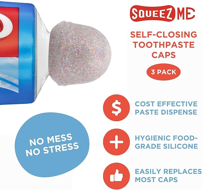 Chrome Cherry SqueezMe Self-Closing Toothpaste Caps, Silicone Lid for Kids & Adults, No Mess Toothpaste Dispenser, Easy Squeezer Cap for Tubes, Bathroom Accessory, Glitter, Pack of 6-Ruum Studio Home