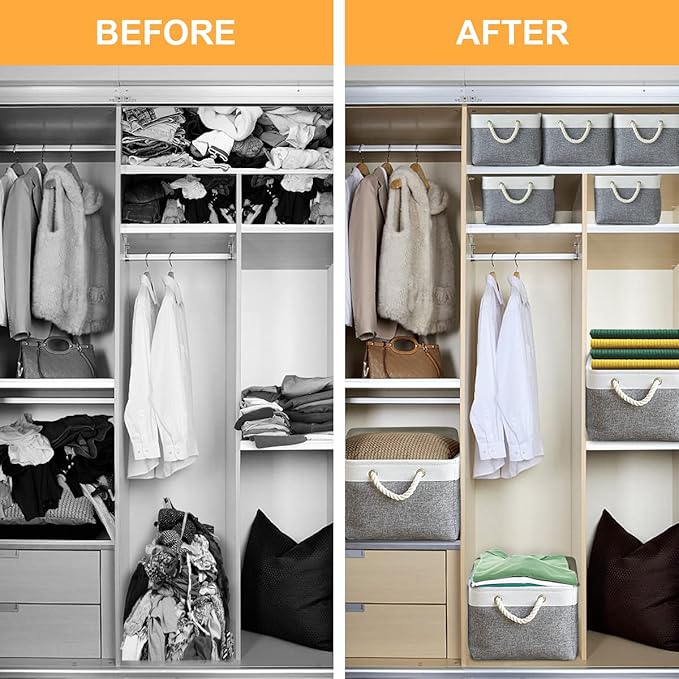 TheWarmHome Storage Basket for Organizing - 15.7x11.8x8.2 inch Large 3 Pack Collapsible Storage Bins for Shelves, Fabric Storage Cubes for Gift Closet Linen Organization (White & Grey)-Ruum Studio Home